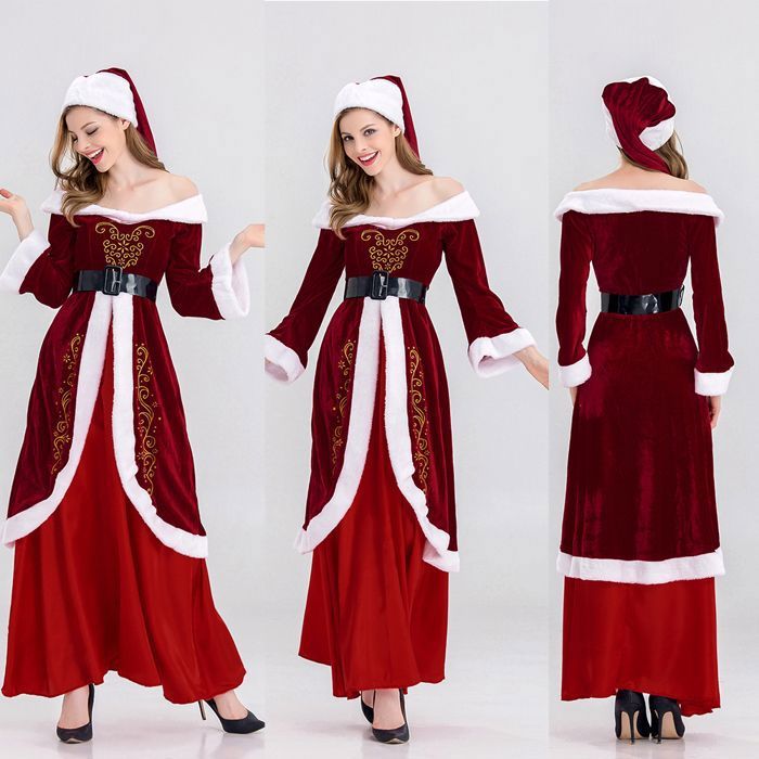 Santa Robe Noel Velours Manche Longue Robe Soiree Fete et Cape a Capuche Gants Ceinture Robe Femme Deguisement Mere Noel Costume
