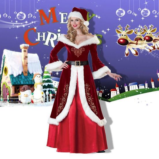 Santa Robe Noel Velours Manche Longue Robe Soiree Fete et Cape a Capuche Gants Ceinture Robe Femme Deguisement Mere Noel Costume