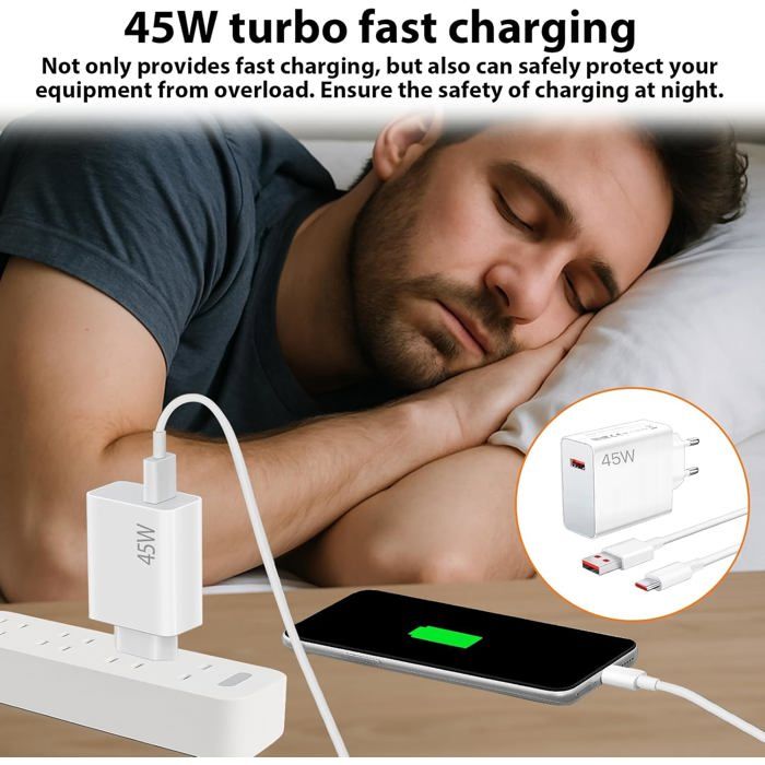 Caricatore Rapido 45W Per Xiaomi Redmi Note 14/13/12, POCO X7/X5/X3, Mi 10T/11 Lite – Con Cavo USB-C 6A 1m