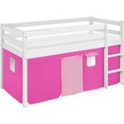 BRAND Lit surélevé ludique JELLE 90 x 190 cm rose - avec rideaux - LILOKIDS - blanc laqué