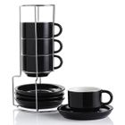 SWEEJAR HOME SWEEJAR Tasses à Café Empilables en Céramique - Lot de 4 Tasses Expresso 110 ml Avec Soucoupes Et Support - Noir