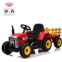 Voiture Électrique Tracteur avec Remorque pour Enfants 3-8 ans, 12 V Moteur 3 Vitesse avec Télécommande, LED, Klaxon, Musique