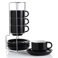 SWEEJAR Tasses à Café Empilables en Céramique - Lot de 4 Tasses Expresso 110 ml Avec Soucoupes Et Support - Noir