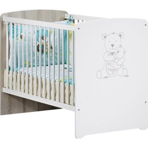 LIT BÉBÉ Lit bébé - 120 x 60 cm - Babyprice Teddy - Sérigraphié ours - En bois blanc
