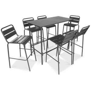 Ensemble table et chaise de jardin Table haute de jardin et 6 tabourets - 120 x 60 x 105 cm - Acier - Palavas - Gris