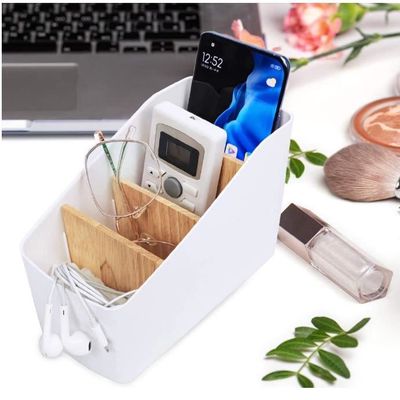 Boîte De Rangement Bureau 4 Compartiments - Plastique Et Bambou, Séparateurs Amovibles, Noir Ou Blanc