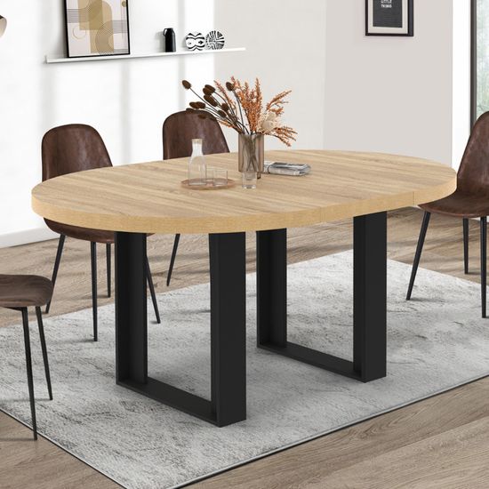 Table à Manger Ronde Extensible PHOENIX 4-6 Personnes - Plateau Bois Vieilli, Pieds Noir - 110 Cm Extensible à 150 Cm - 5