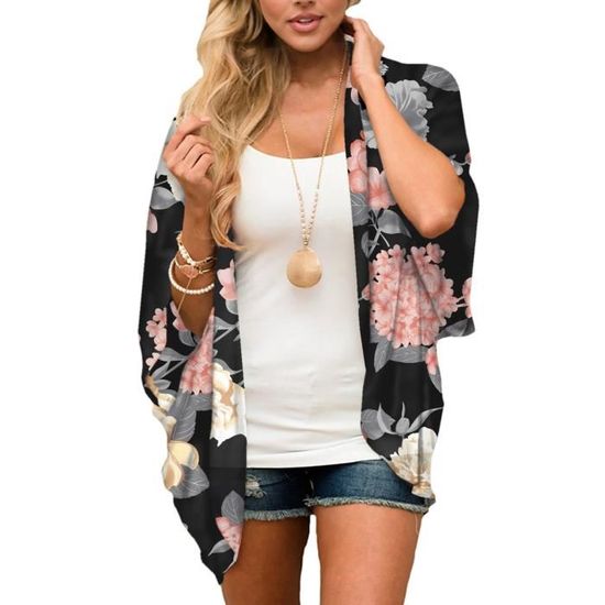 PRETTODAY Kimono D'été En Mousseline De Soie Pour Femme Avec Manches