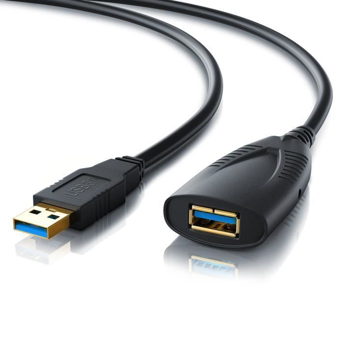 CSL - USB 3.0 Super Speed 5m câble de rallonge - avec amplificateur Actif-répéteur - Extensible - Contacts dorés - Noir