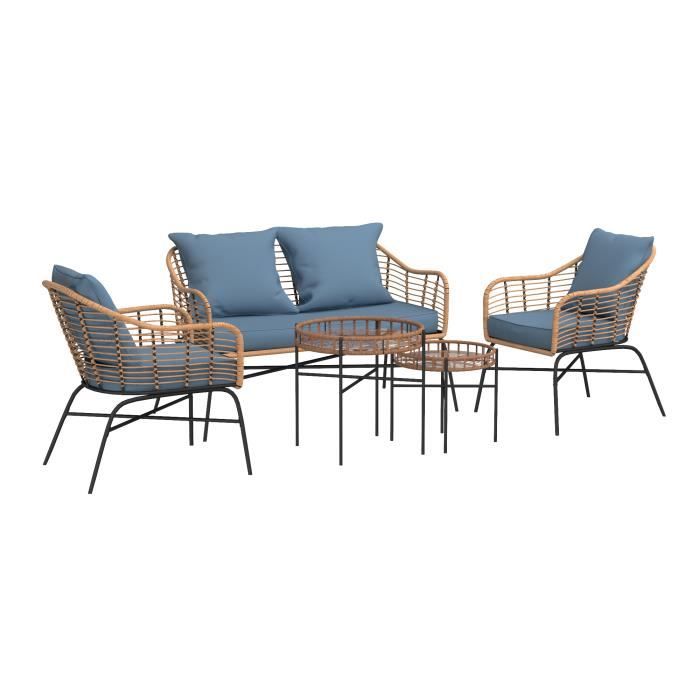 BEAU RIVAGE Salon de jardin MOOREA 4 places en acier et imitation rotin naturel tissu bleu et sa housse de protection