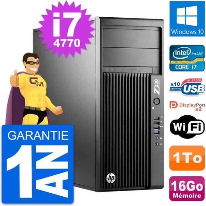 PC Tour HP Z230 Intel Core i7-4770 RAM 16Go Disque Dur 1To Windows 10 Wifi