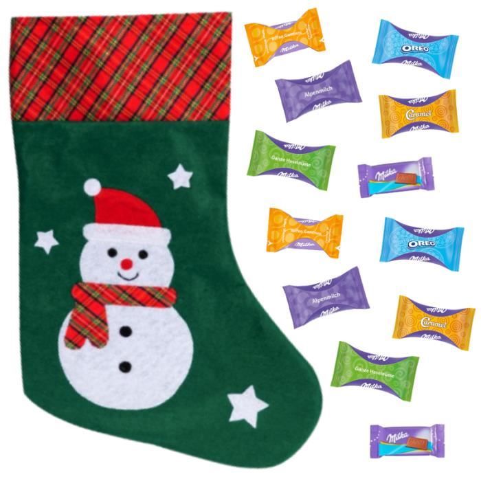 Botte feutrine Père Noël garnie de 100 chocolats Milka assortis (noisette, caramel, toffee, lait, Oreo)