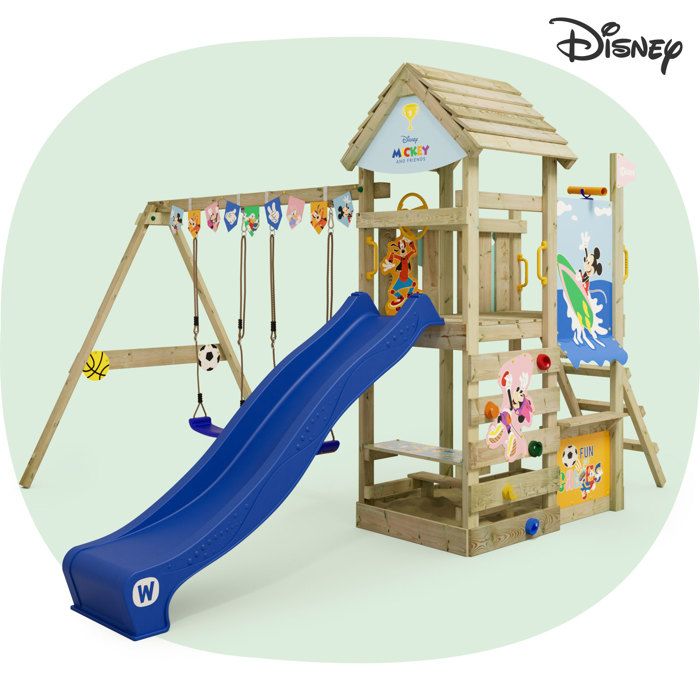 Aire de jeux WICKEY Disney Adventure Mickey et ses amis– toboggan 220 cm double balançoire & mur d’escalade – garantie 10 ans*