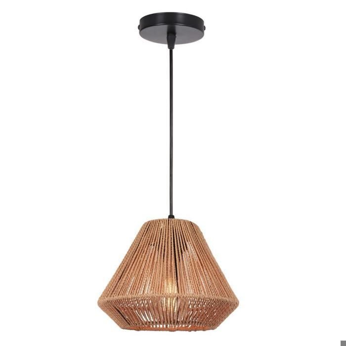 WOTTES Lustre Rotin Luminaire Vintage Industrielle E27 Boho Lampe Suspension Ø24cm Abat-jour en Métal et Corde de Chanvre Salon