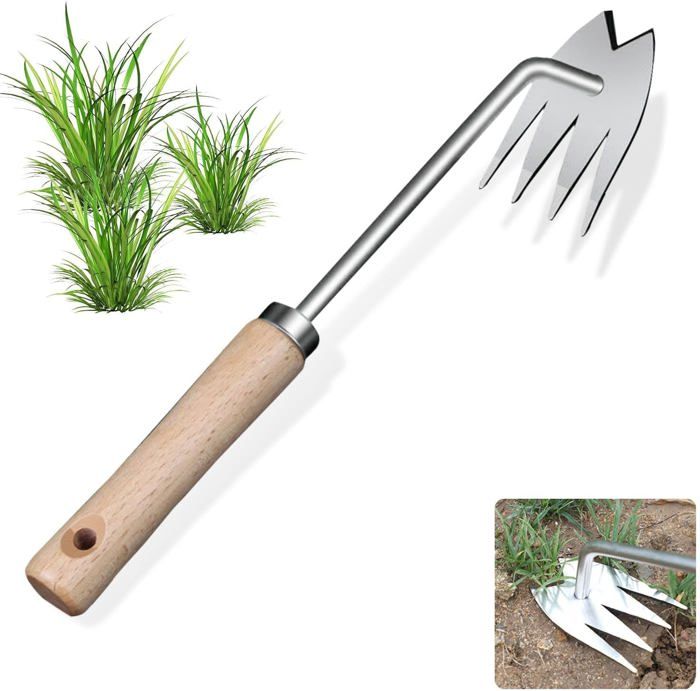 2PCS Outil Désherbage Manuel YeenGreen - Acier Inoxydable + Manche Bois - 5 En 1 - Pour Jardinage