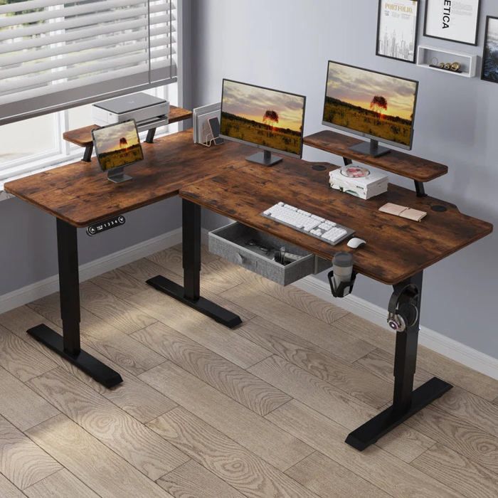 Radlove 160x120cm Forme L Bureau dangle-Bureau Assis-Debout Réglable en Hauteur électriquement Couleur Marron Vintage