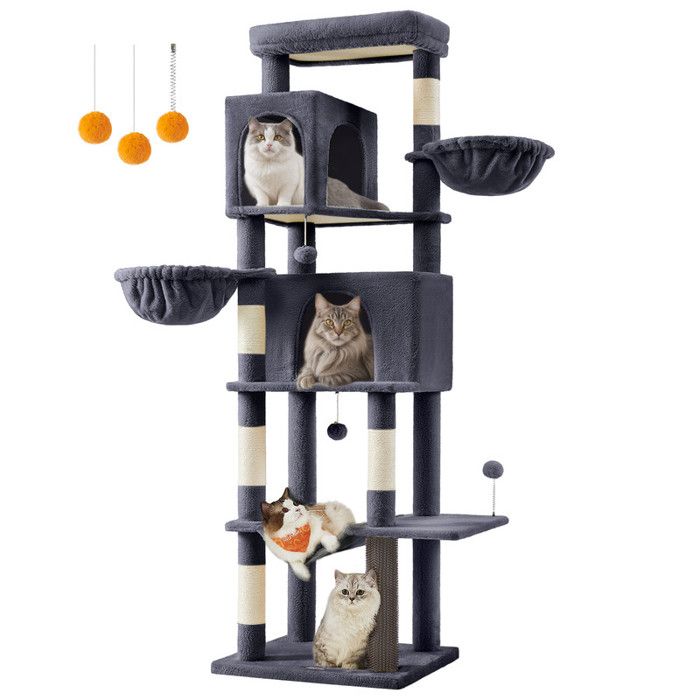Meilleurs prix pour Grand Arbre à Chat, Tour à Chat de 190,7 cm de Haut, Multi-Niveaux, avec 2 Niches, 2 Paniers, 5 Griffoirs, Perchoir, Gris Foncé