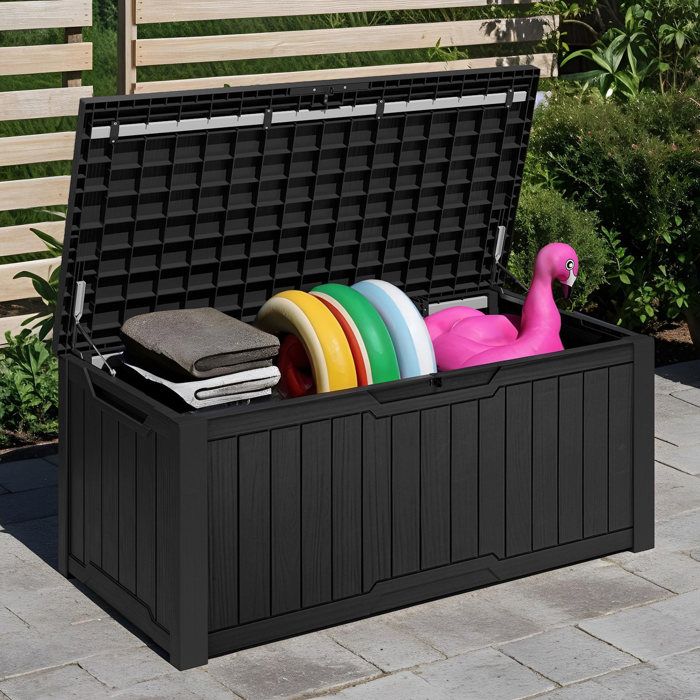 YITAHOME Boîte de Rangement dExtérieur - Verrouillable - Coffre de Jardin - 142 x 67 x 69 cm - Table Polyvalente - Noir