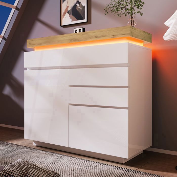 Buffet brillant Commode 115 x 110 x 39 cm avec 2 portes et 3 tiroirs Éclairage LED adapté pour le salon et la chambre - Blanc