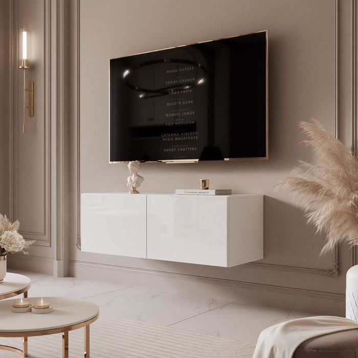 Meuble TV mural Angel IDOHOME 100x40x36 cm Blanc brillant avec LED et 2 portes