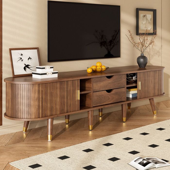 Meuble TV - 175 cm avec porte coulissante en rotin - aspect noyer et beaucoup Despace de rangement-table TV