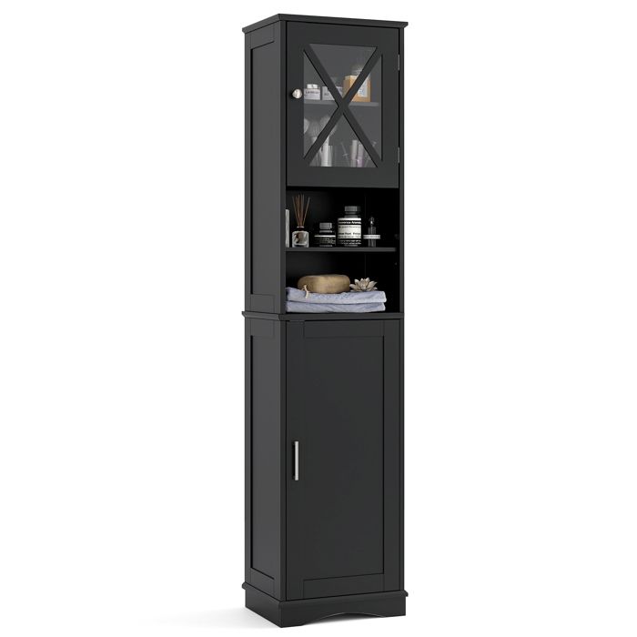 COSTWAY Meuble Colonne de Salle de Bain avec 5 Étagères Réglables Placards à Porte 2 Compartiments 40 x 30 x 170 cm Noir