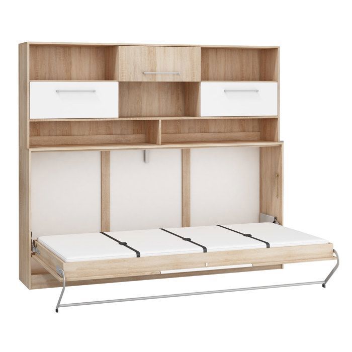 Lit mural horizontal ROGER 90x200 cm chêne sonoma/blanc avec étagères – armoire lit escamotable fonctionnelle
