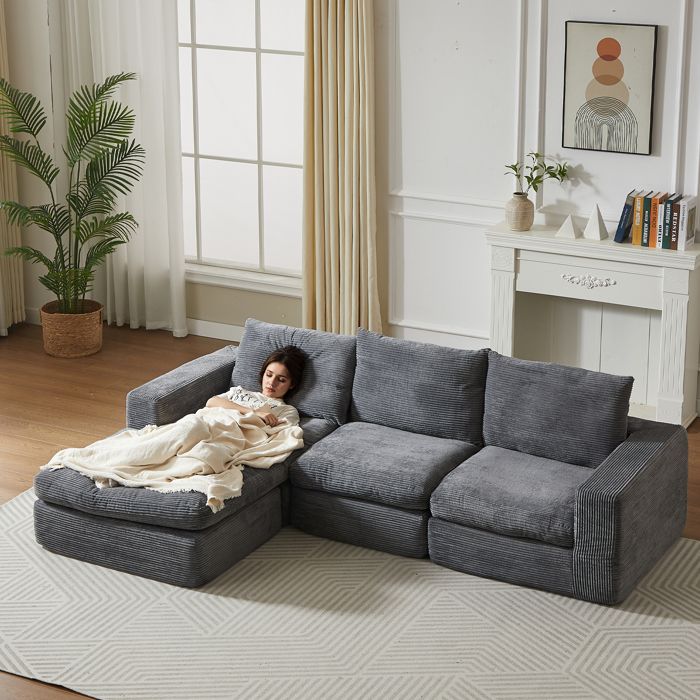 Canapé-lit en forme de l canapé 3 places avec fonction couchage pour salon chambre à coucher - sans montage - corduroy gris Canapé-lit en forme de l canapé 3 places avec fonction couchage pour salon chambre à coucher - sans montage - corduroy gris