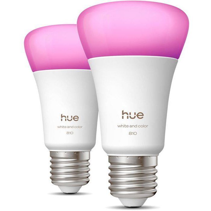 Pack de 2 ampoules LED connectées A60 - PHILIPS HUE - Lumière blanche et colorée - Culot E27 - 6W -  1000-2000k - 810 lumens