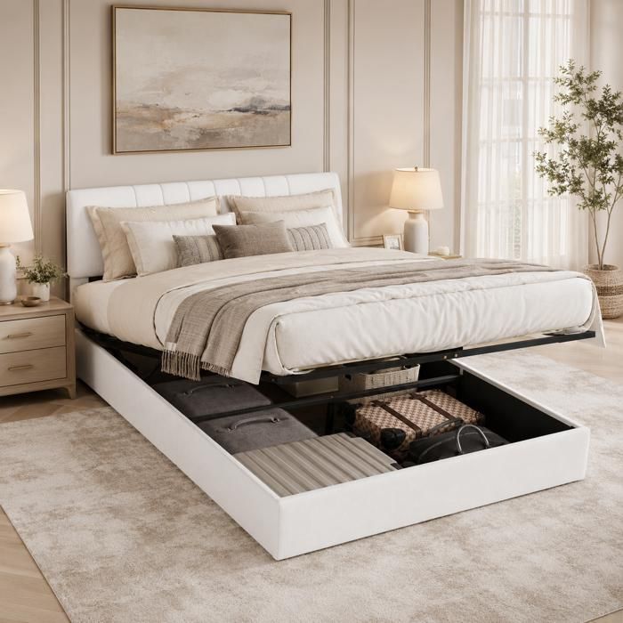 Lit 140x200 cm avec rangement et charge USB Type C - lit coffre avec sommier - tête de lit réglable - en feuille Sherpa - blanc
