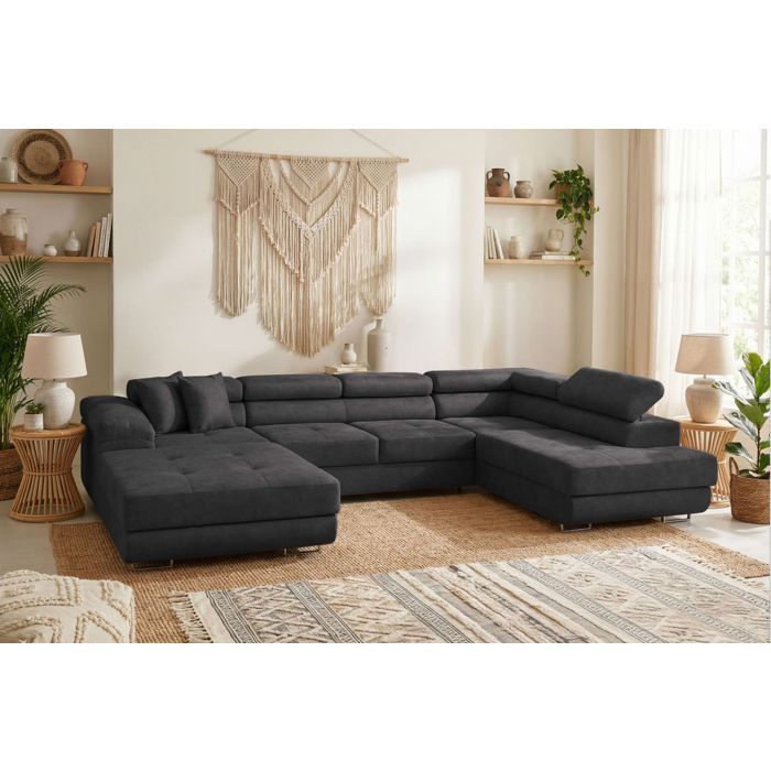 Canapé panoramique 6 places FLAVIO convertible avec 2 coffres en tissu - Gris foncé Canapé panoramique 6 places FLAVIO convertible avec 2 coffres en tissu - Gris foncé