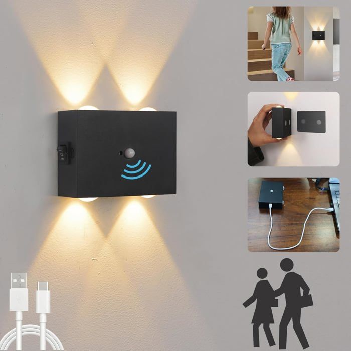 Lampe Murale Sans Fil Rechargeable Intérieur Applique Detecteur de Mouvement 4W Applique Murale en Aluminium Lumière du Couloir