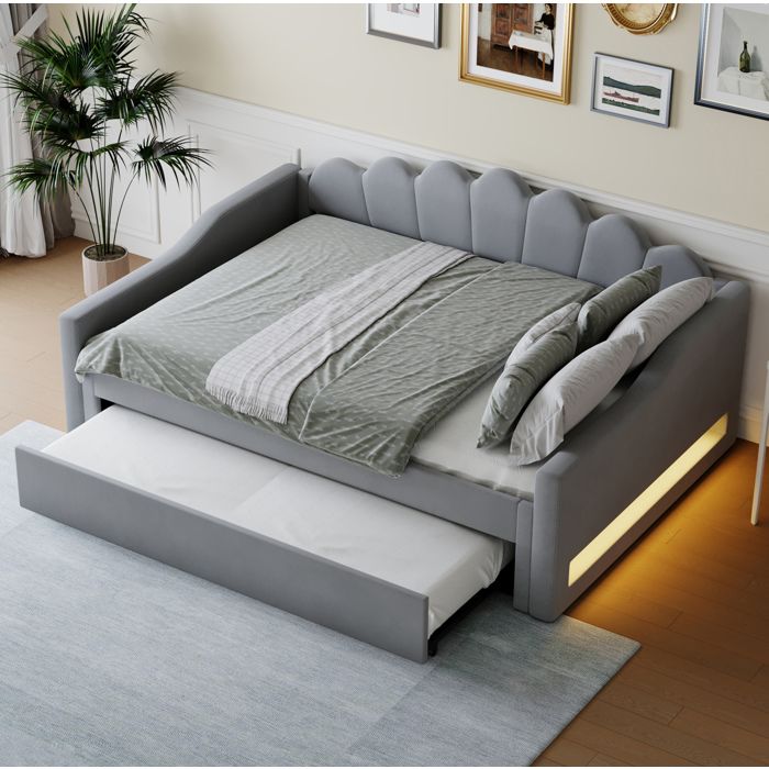 Lit banquette adulte 140x200 cm avec lit gigogne 90x190 cm.LED. sommier à lattes rembourré. sans matelas. gris