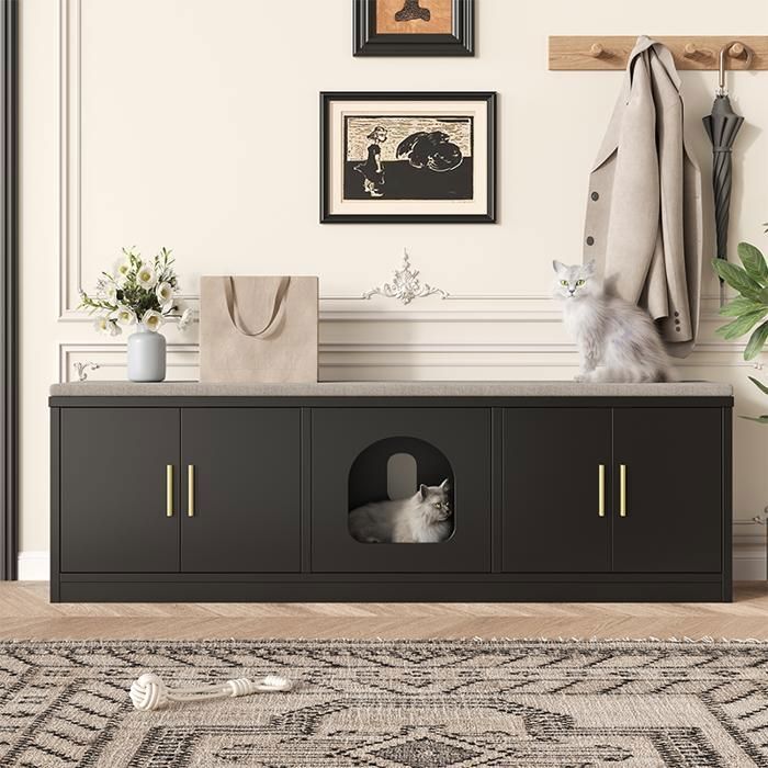 Comparer les prix de Meuble Chat Cache-Litière 140 cm Noir – Litière + Griffoir Intégré Ventilation Multifonction