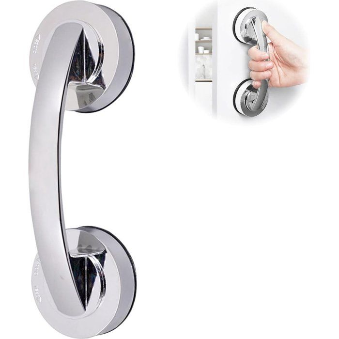 Poignée de douche argent à ventouse antidérapante amovible.