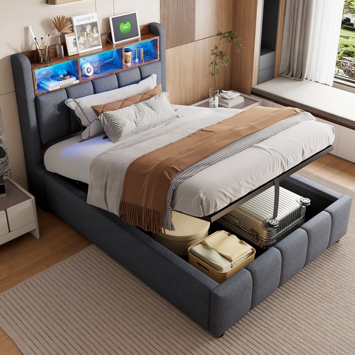 Lit simple 90 x 200 cm avec rangement EVRYAE tête de lit LED avec USB coffre hydraulique tissu gris