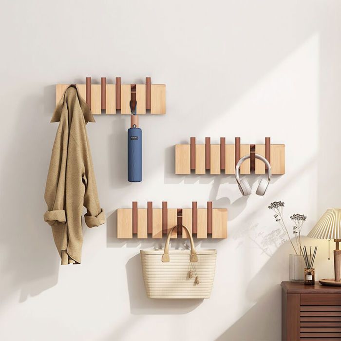 Patère Murale de 6 crochets rétractables Porte Manteau Mural Cintre Dangle en Bois Massif pour Suspendre Manteaux écharpes