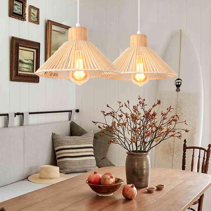 Lot de 2 Suspension Luminaire en Rotin Beige et Bois Vintage Ø26CM Plafonnier Lustre Style Bohème pour Salon Cuisine - SMOTOP