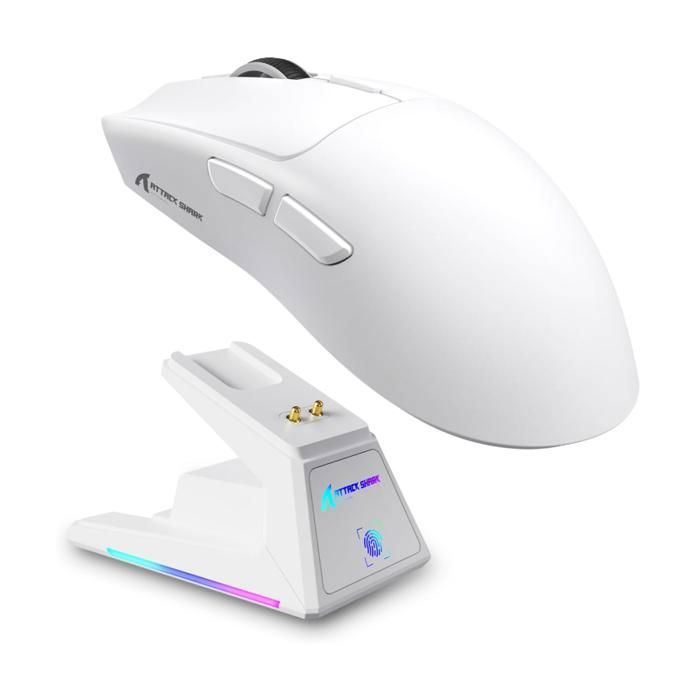 Souris de jeu sans fil ATTACK SHARK X1 Superlight avec station daccueil magnétique RGBsans fil/BT/24 GHz et filaire - Blanc