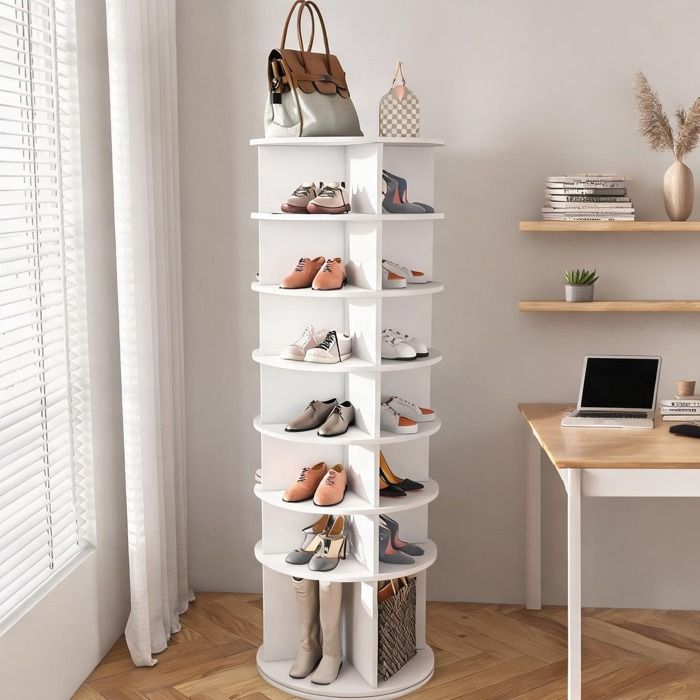 Tour à chaussures rotative 360° 7 niveaux - PVC blanc - 60x60x184 cm - 28 paires