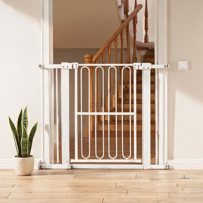 Barrière de sécurité pour chien en acier soft white extensible 76-104 cm installation sans perçage ouverture double sens
