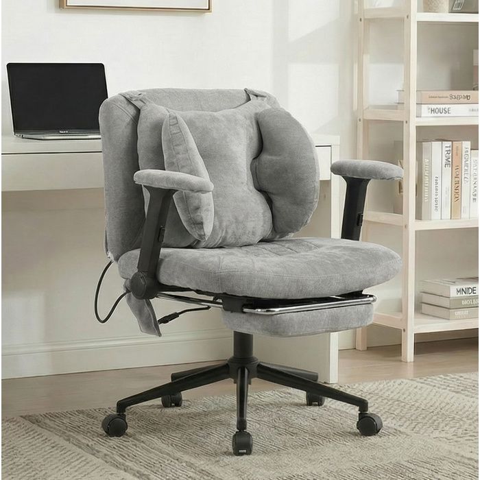 Chaise de bureau pivotante 360° en tissu gris hauteur réglable avec accoudoirs repose-pieds et roulettes