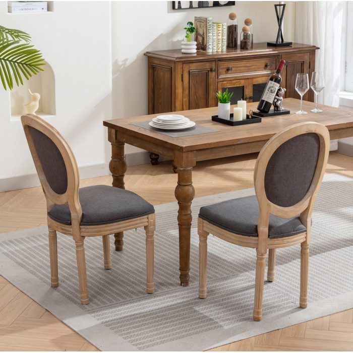 COVREO Chaise de salle à manger lot de 2 style français bois massif et lin gris foncé