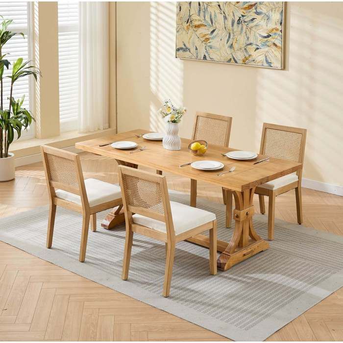Chaise de salle à manger Lot de 2 avec dossier en cannage et assise rembourrée en bois d’hévéa et lin beige