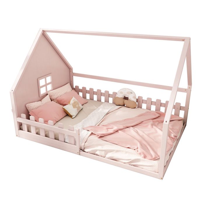 ELVORIN Lit cabane enfant 140 x 200 cm avec barrière en pin et MDF rose