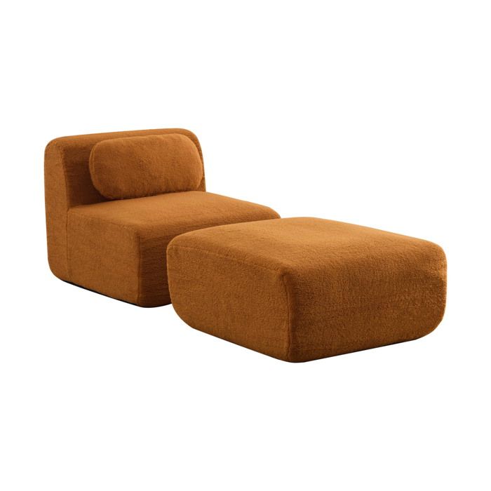Fauteuil avec Pouf en Sherpa - Chauffeuse - Sans Montage - Mousse Haute Résilience - Caramel