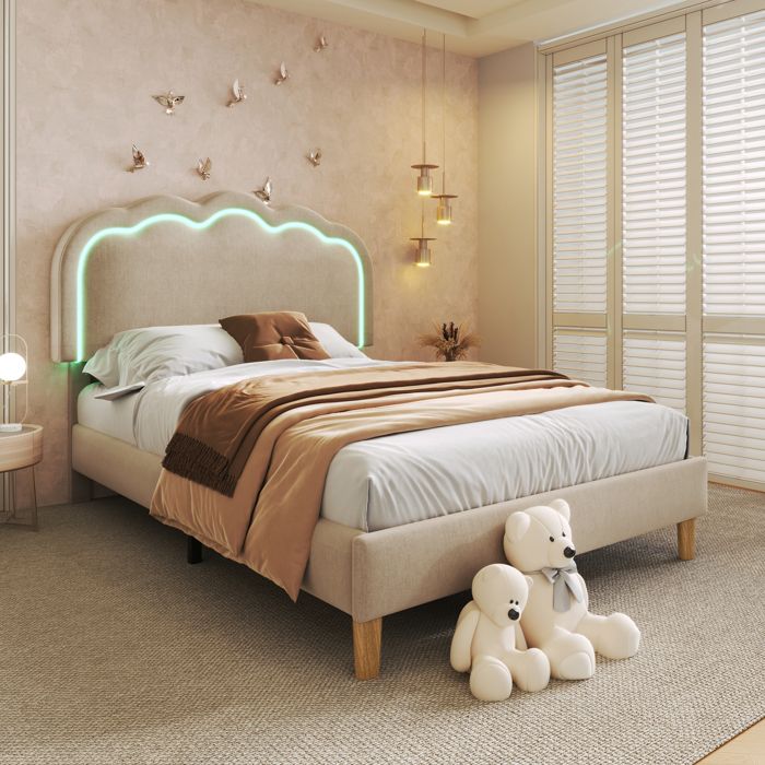 Lit simple - ZEVKOR - 90x190 cm - Tissu aspect lin beige - Tête réglable - LED intégrée