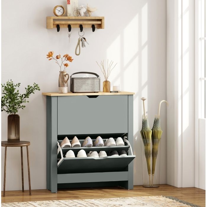 Meuble à chaussures 2 tiroirs basculants 72 x 26 x 80 cm gris clair en bois pour 12 paires JOINERY