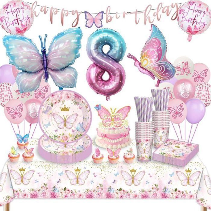 Kit déco anniversaire papillon pour fille 8 ans - Assiettes nappe ballons gobelets serviettes