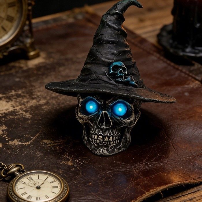 Lampe Halloween crâne et chapeau sorcière - Résine - Gothique - Déco de table - Veilleuse dambiance